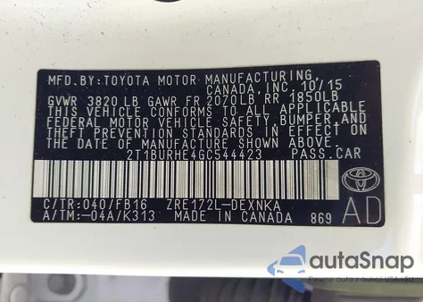 2016 Toyota Corolla Le z USA, uszkodzony, nr VIN 2T1BURHE4GC544423